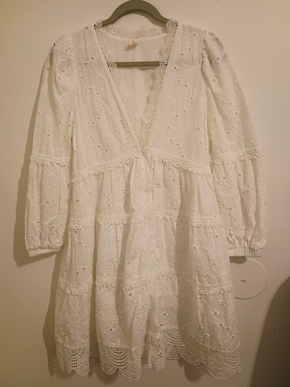 Like Love Women's White Eyelet Mini Baby Doll Dress with Embroidered Trim Sz S